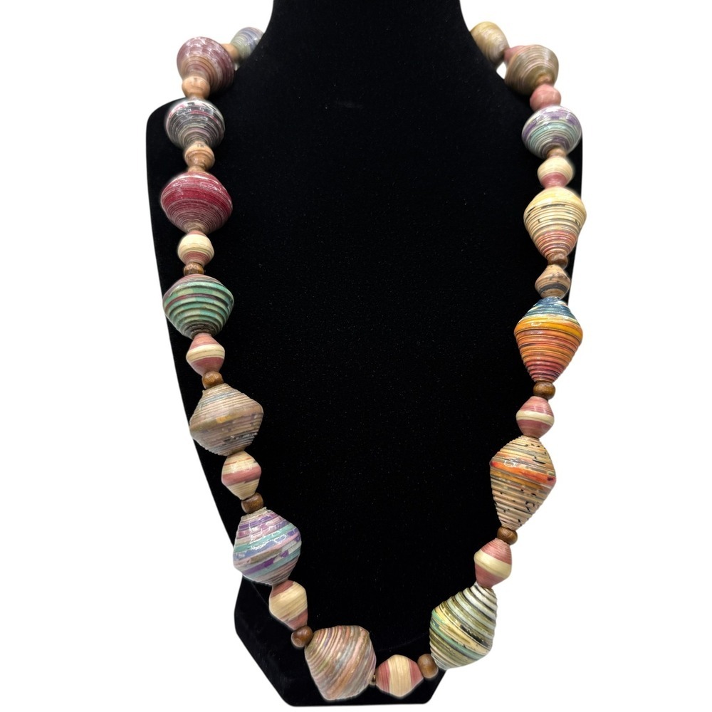 Handcrafted Recycled Paper Bead Necklace Artisan Colorful Long Statement Jewelry